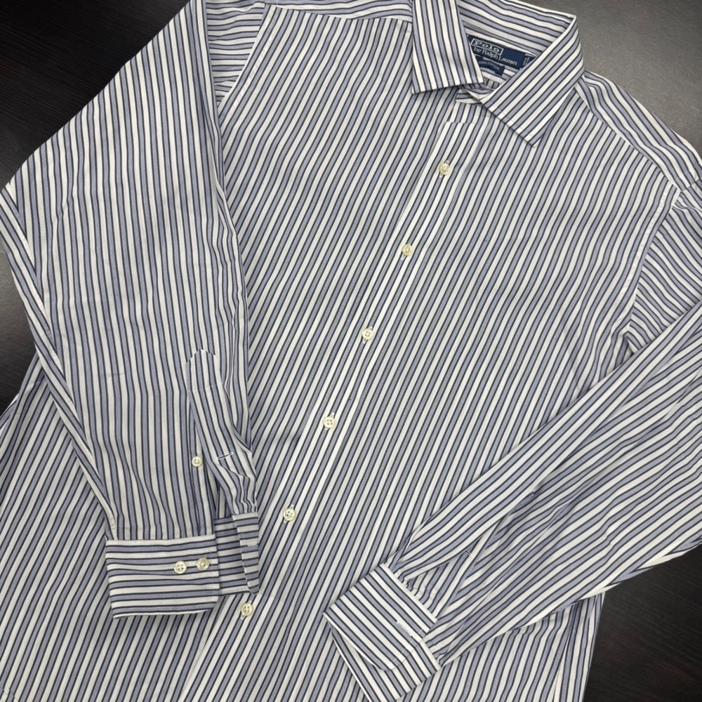 Polo Ralph Lauren Shirt Mens 16 34/35 Blue White Striped Excellent Cotton Button
